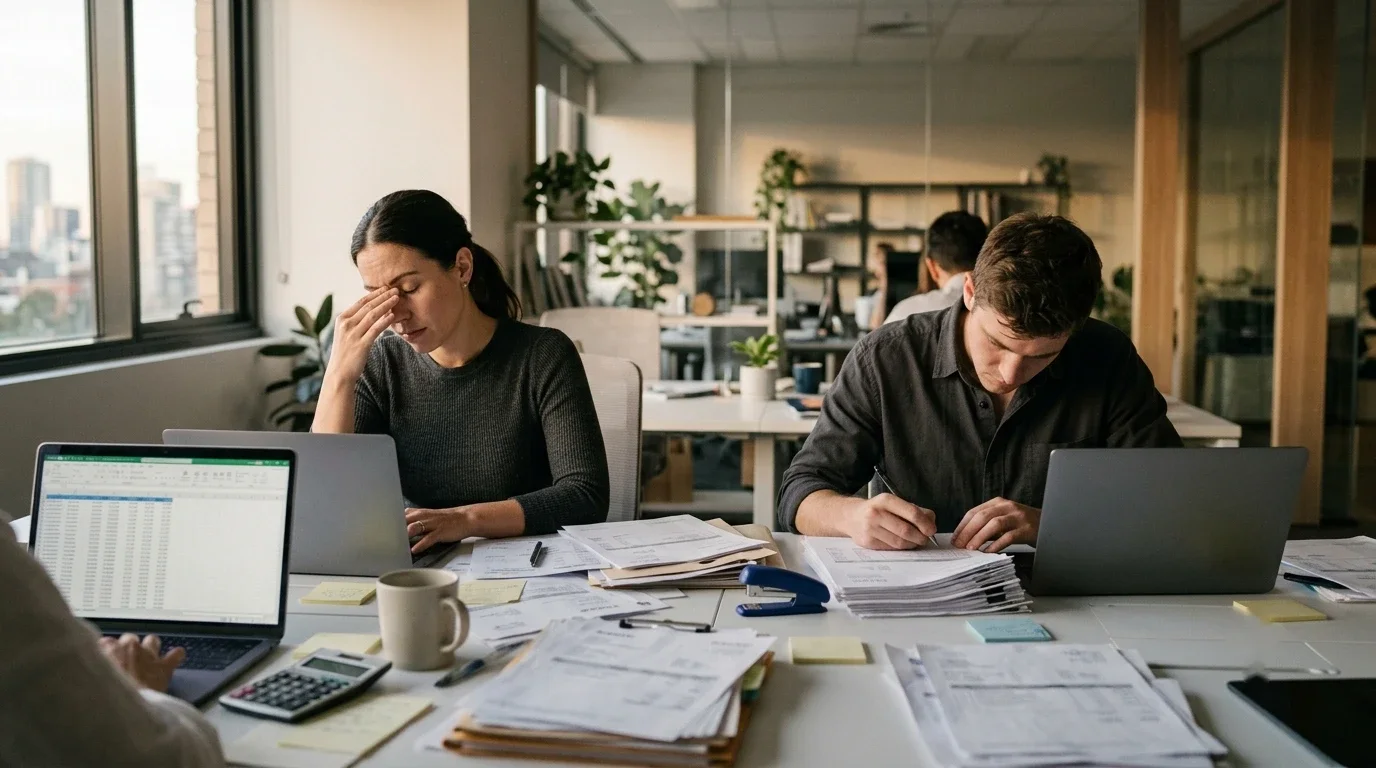 A team buried in repetitive manual work